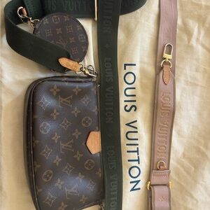 Louis Vuitton Brown Monogram Bag with Green and Tan Straps